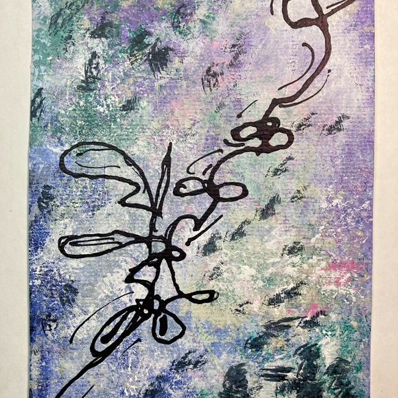 Original Abstract Framed Acrylic Floral Line Art Painting, 5x7" - Picture 3 of 14